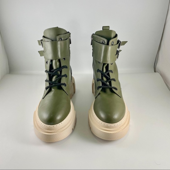 Womens Holler Combat Boots Olive Green Beige Round Toe Side Zip Buckle New,5 to9 - Picture 3 of 7